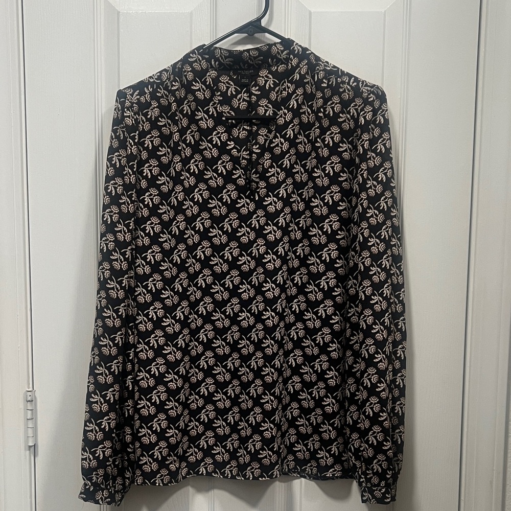 Ann Taylor Black Blouse with Cream Floral  Print